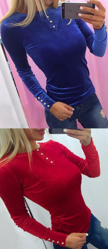 Scoop Long Sleeve Button Decorate Pure Color Slim T-shirt