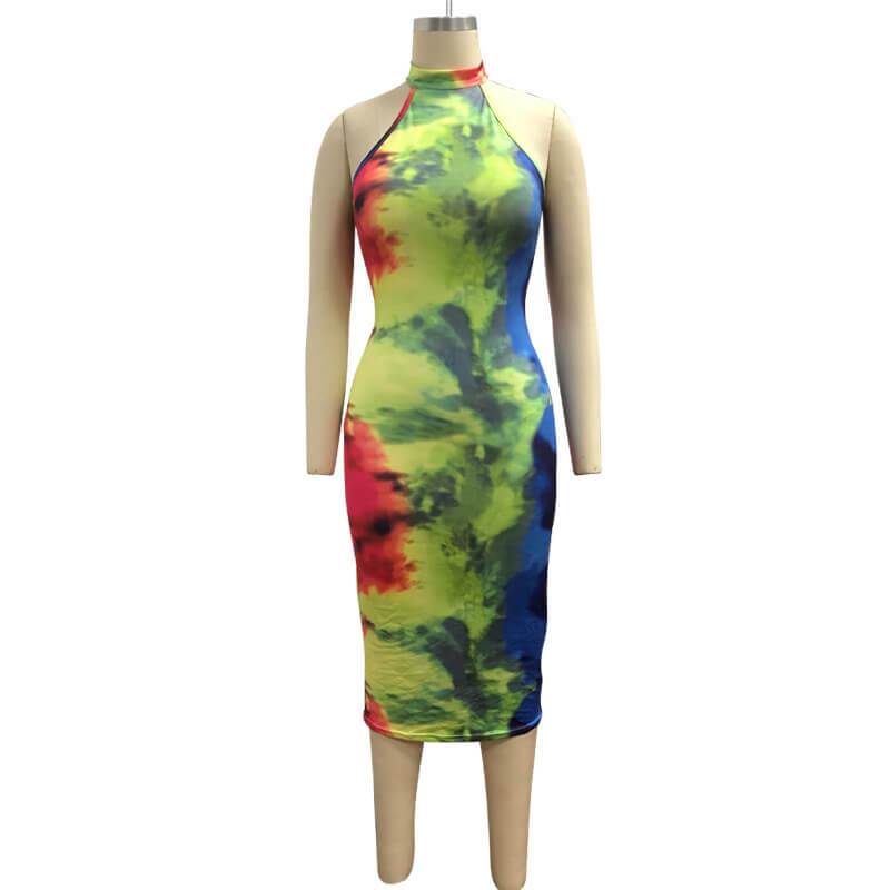 Multi Color Printed Sleeveless Slinky Midi Calf Dress