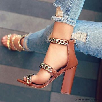Chain Decorate Open Toe High Chunky Heels Sandals