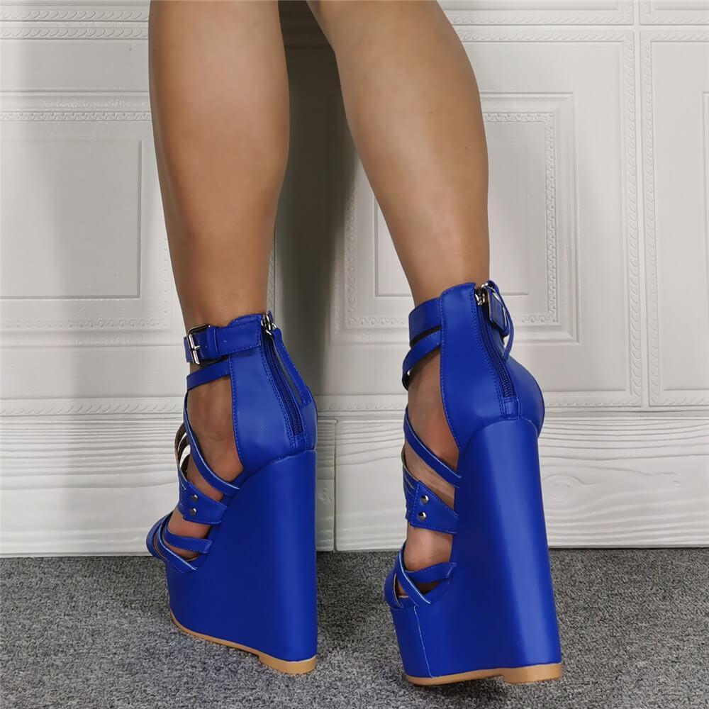Blue PU Platform Wedge Open Toe Sandals