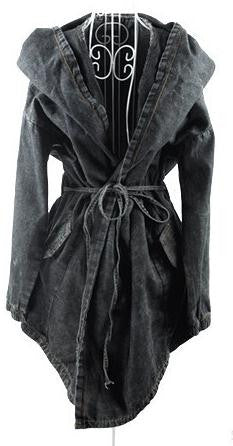 Hooded Irregular Belt Casual Mid-length Long Sleeves Denim Coat - Meet Yours Fashion - 3