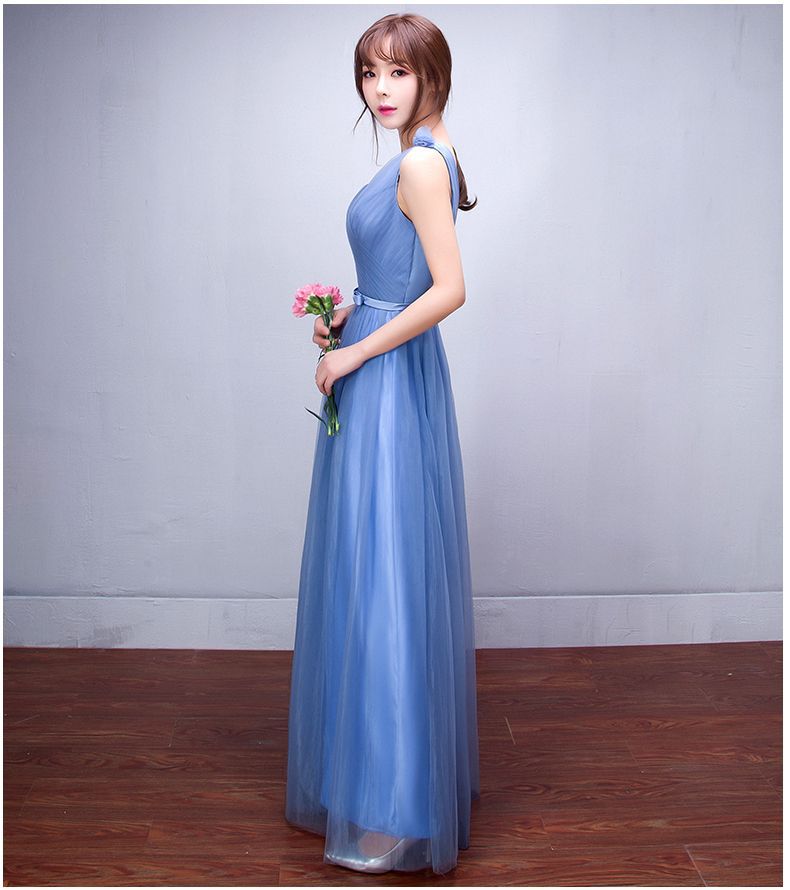One Shoulder Pleated Empire High Waist Long Tulle Bridesmaid Party Dress
