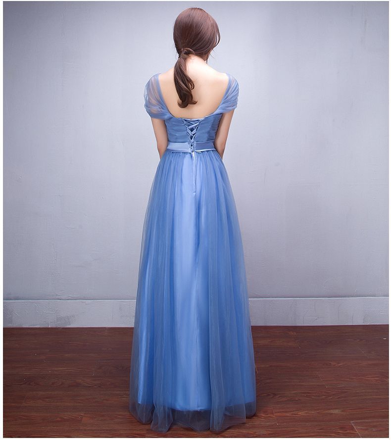 Off Shoulder Pleated Empire High Waist Long Tulle Bridesmaid Party Dress