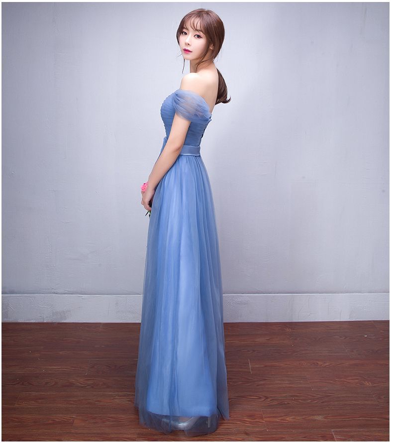 Off Shoulder Pleated Empire High Waist Long Tulle Bridesmaid Party Dress