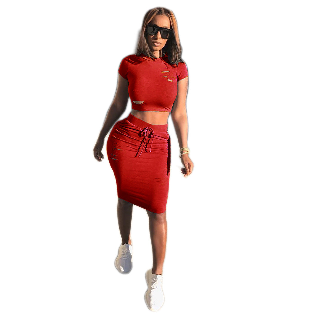 Cut Out Cropped T-shirt Knee-length Skirt Women Two Pieces Set