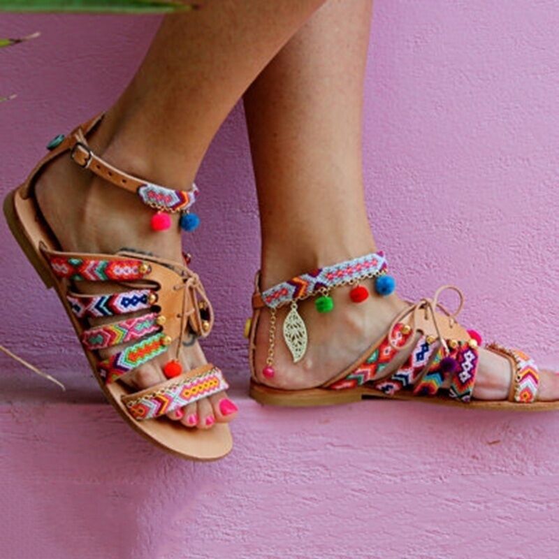 Colorful Bohemian Ball Decorate Open Toe Ankle Wrap Flat Sandals