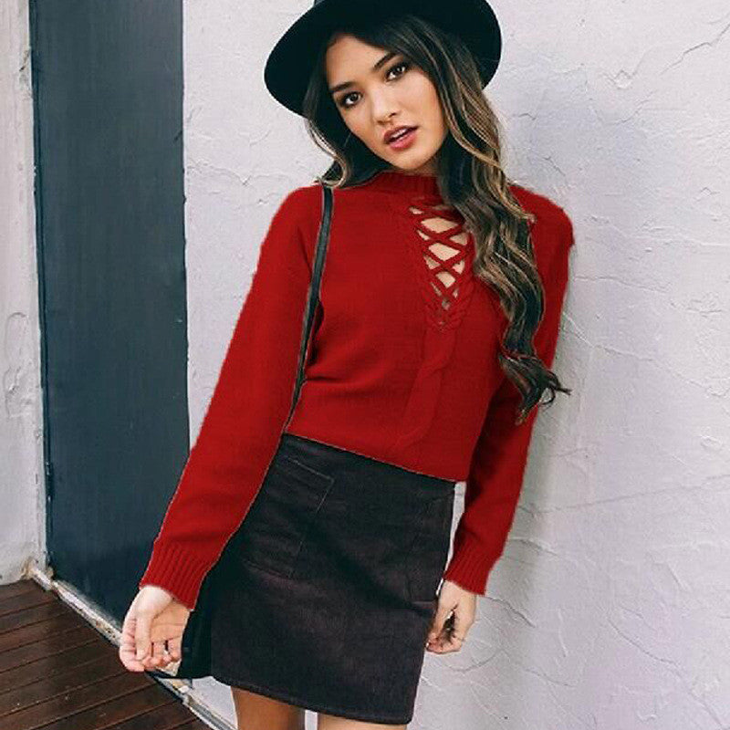 Scoop Straps Pure Color Long Sleeves Loose Sweater