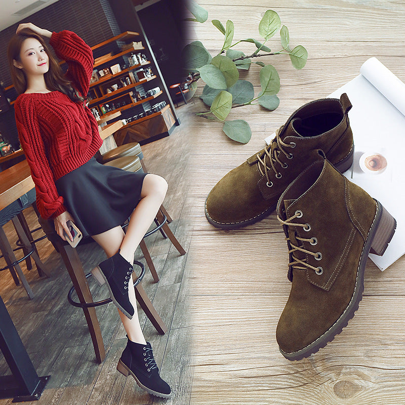Round Toe Lace Up Low Chunky Heels Short Boots