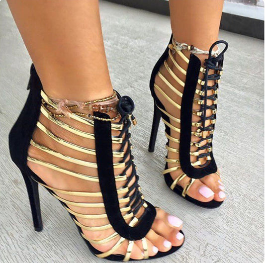 Straps Hollow Out Lace Up Open Toe Stiletto Heels Short Boot Sandals