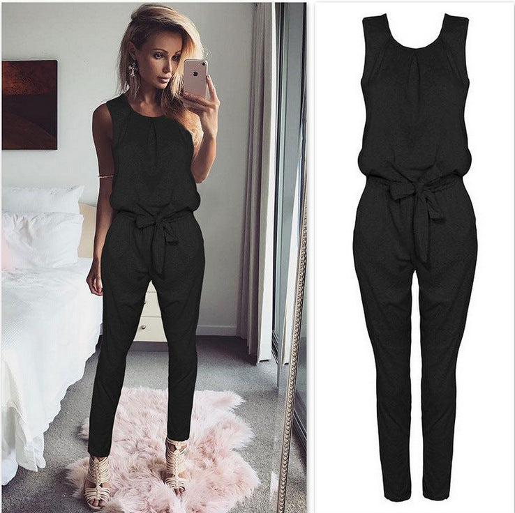 Bowknot Sleeveless Pure Color Loose High Waist Long Jumpsuits