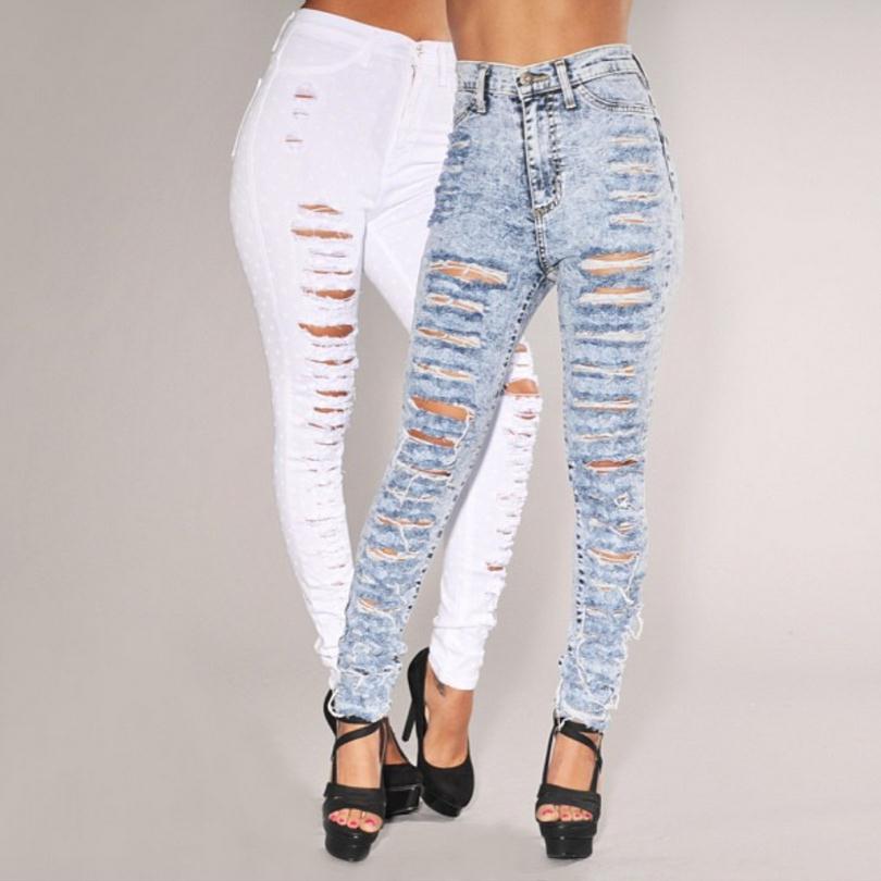Snow White Straight Ripped Holes High Waist Skinny Plus Size Jeans - Meet Yours Fashion - 1