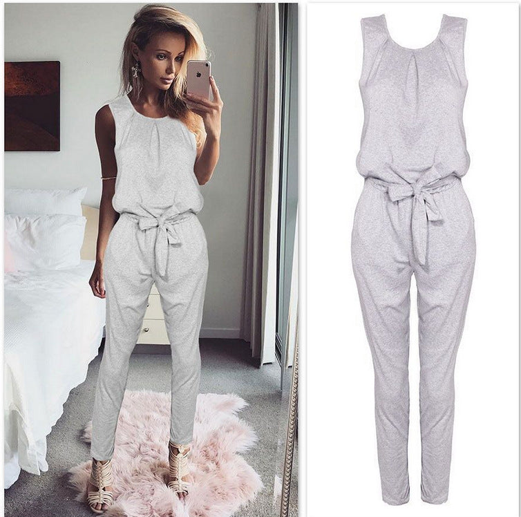 Bowknot Sleeveless Pure Color Loose High Waist Long Jumpsuits