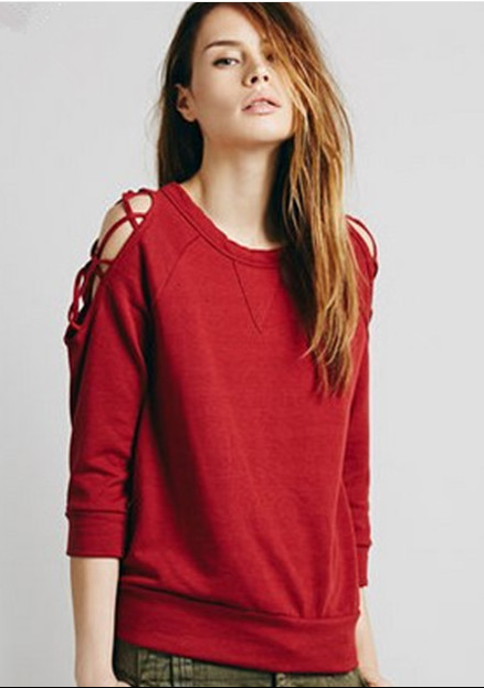 3/4 Sleeves Scoop Pullover Slim Solid Color Sweatshirt - Meet Yours Fashion - 1