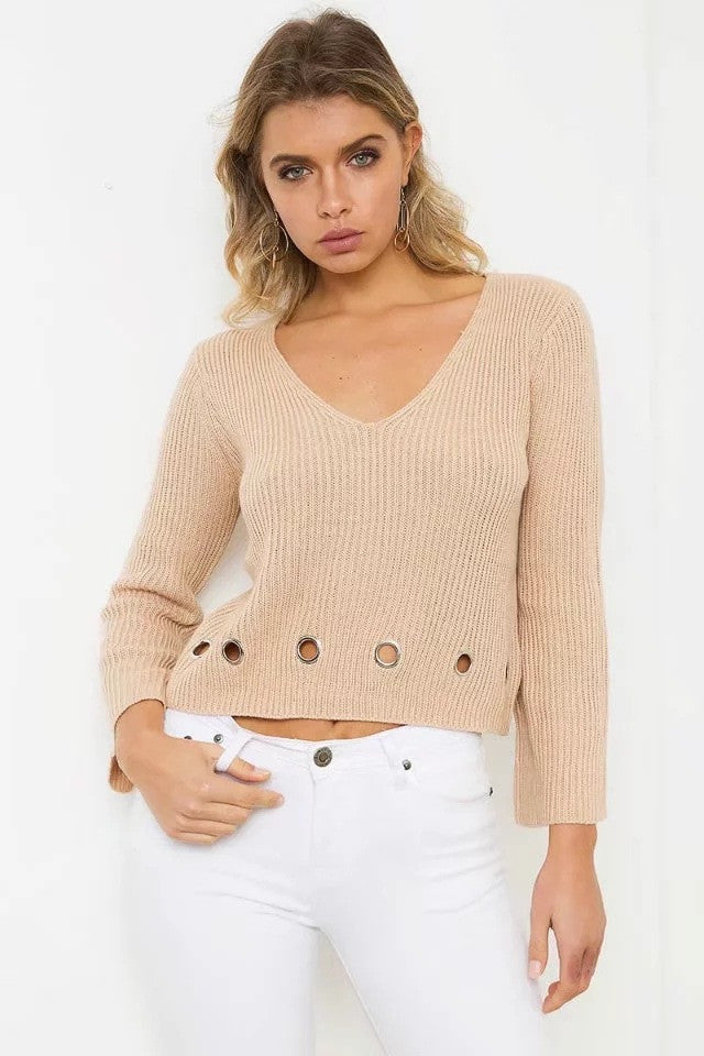 Pure Color Holes Long Sleeves V-neck Regular Sweater