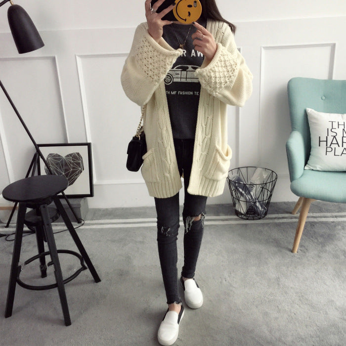 Cable Open Loose Sleeves Pocket Loose Long Cardigan