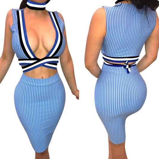 Striped Deep V-neck Crop Top with Short Skirt Two Pieces Dress Set