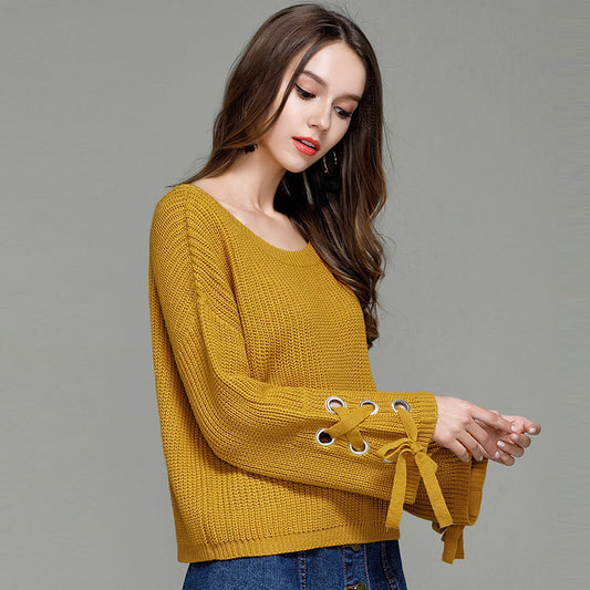 Pure Color Big Scoop Straps Long Trumpet Sleeves Loose Sweater