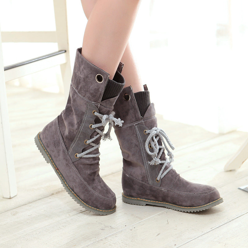 Suede Round Toe Lace Up Half Flat Boots