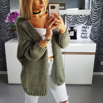 Solid Color Cardigan Loose Women Gray Long Sweater