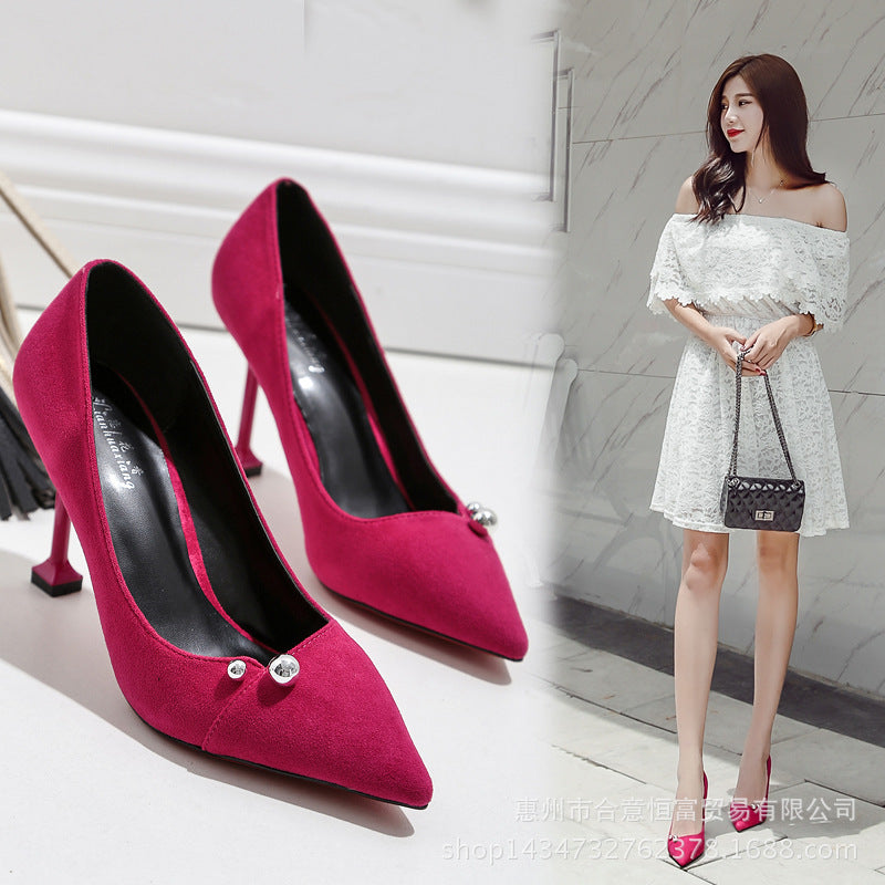Beadings Candy Color Pointed Toe Low Cut High Heels Shoes