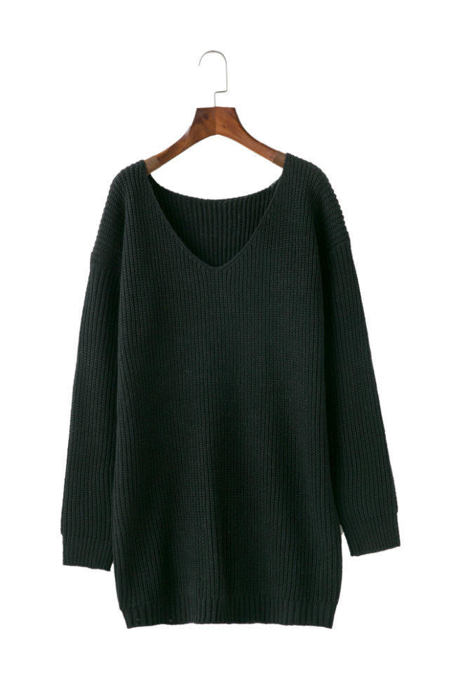 Pure Color Deep V-neck Long Sleeves Long Loose Sweater