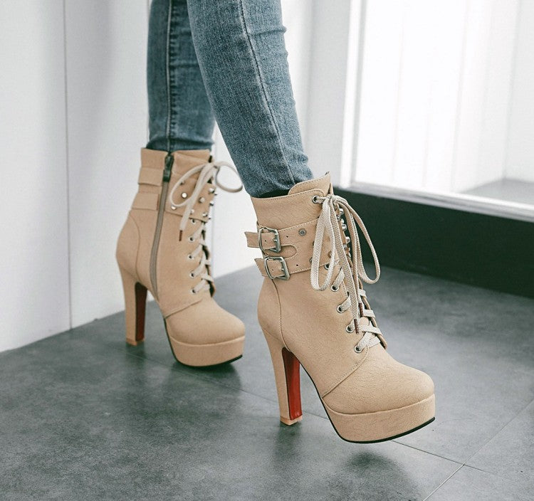 Motorcycle Lace UP Hasp Platform Stiletto High Heels Short Boots