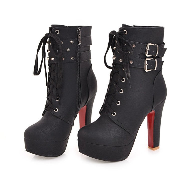 Motorcycle Lace UP Hasp Platform Stiletto High Heels Short Boots