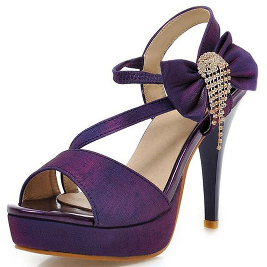 Crystal Bowknot Decoration Peep Toe Ankle Wrap High Heels Sandals