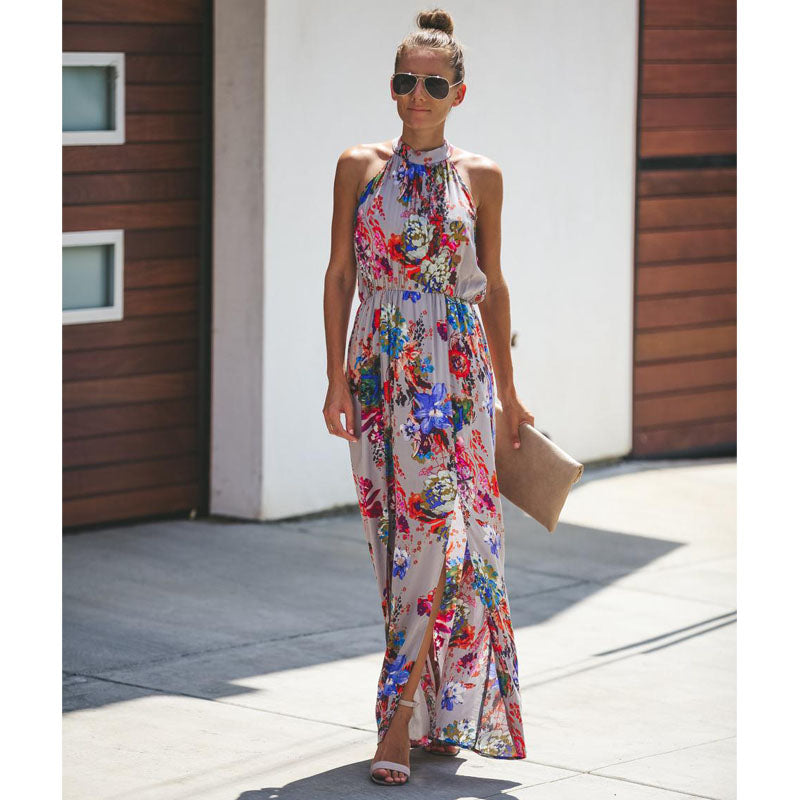Halter Neck Floral Print Backless Split Beach Party Maxi Dress