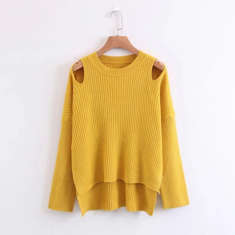 Bear Shoulder Cut Out Low High Solid Color Sweater