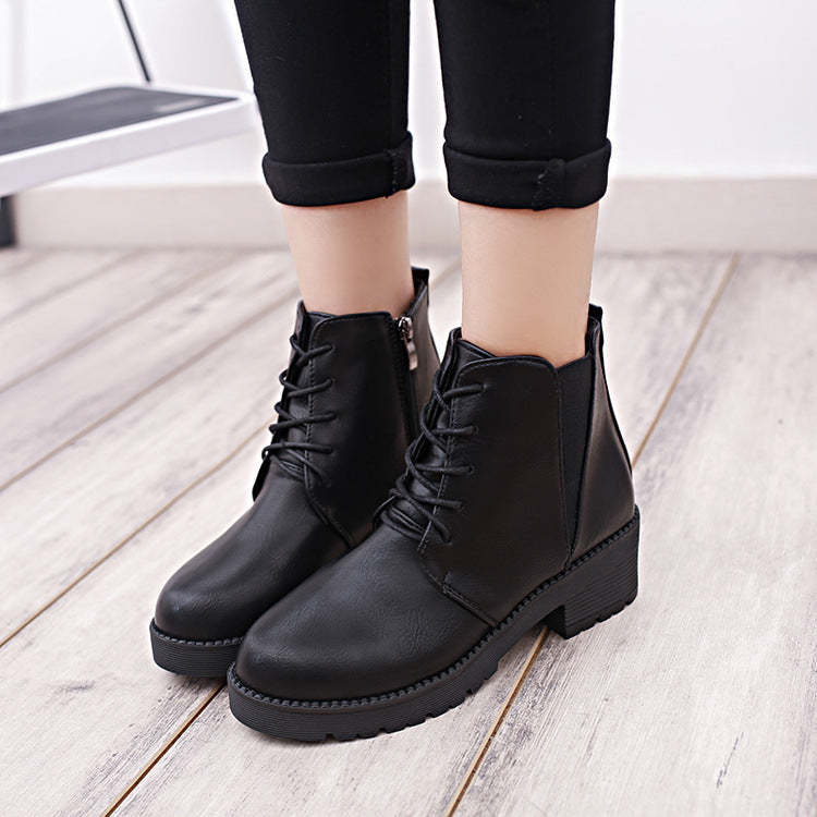 British Style Round Toe Lace Up Side Zipper Short Martin Boots