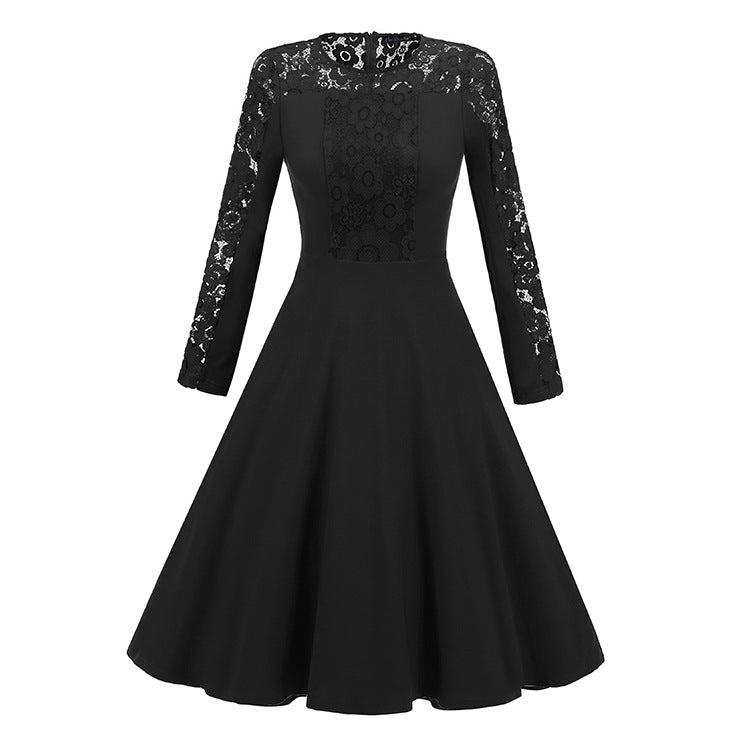 Solid Color Lace Long Sleeves Women Knee-length Dress