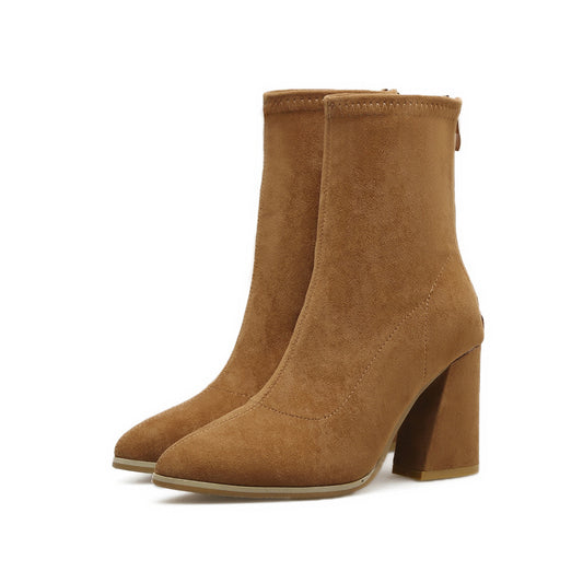 Back Zipper Solid Color Suede Middle Chunky Heels Short Boots