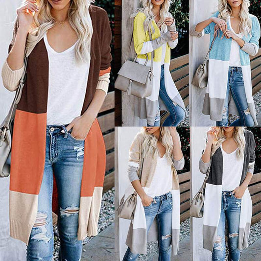 Colorblock Open Front Knitted Long Cardigan