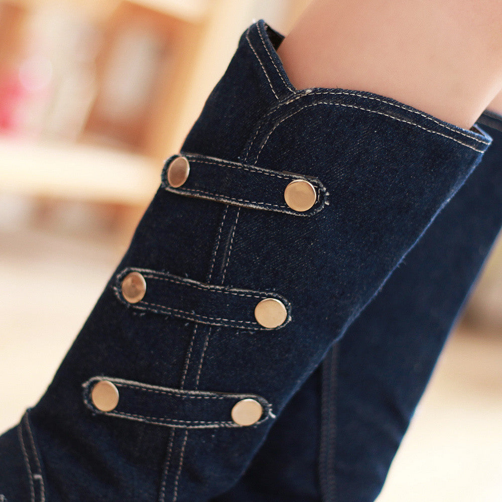 Personality Denim Buckle Belt Button Knights Boots