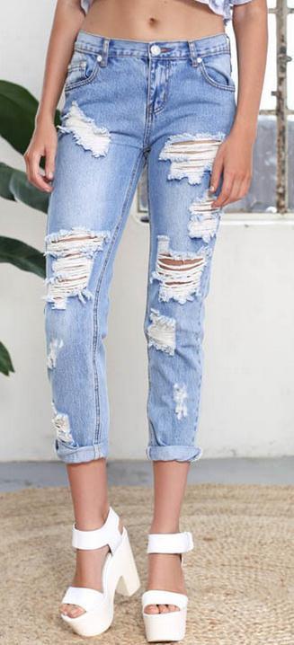 Holes Ripped Straight Slim Beggar Plus Size Jeans - Meet Yours Fashion - 2