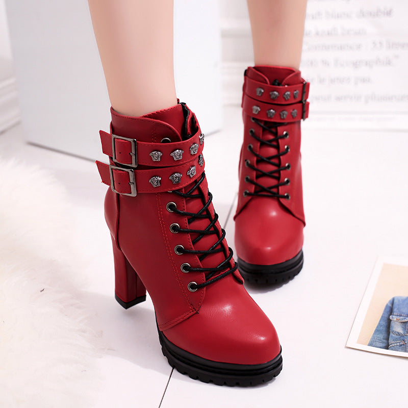 Rivets Hasp Straps Platform Lace Up High Chunky Heel Ankle Martin Boot