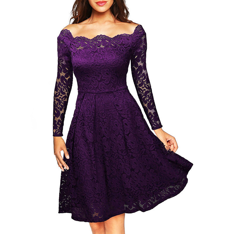 Off Shoulder Solid Color Lace Knee-length Dress