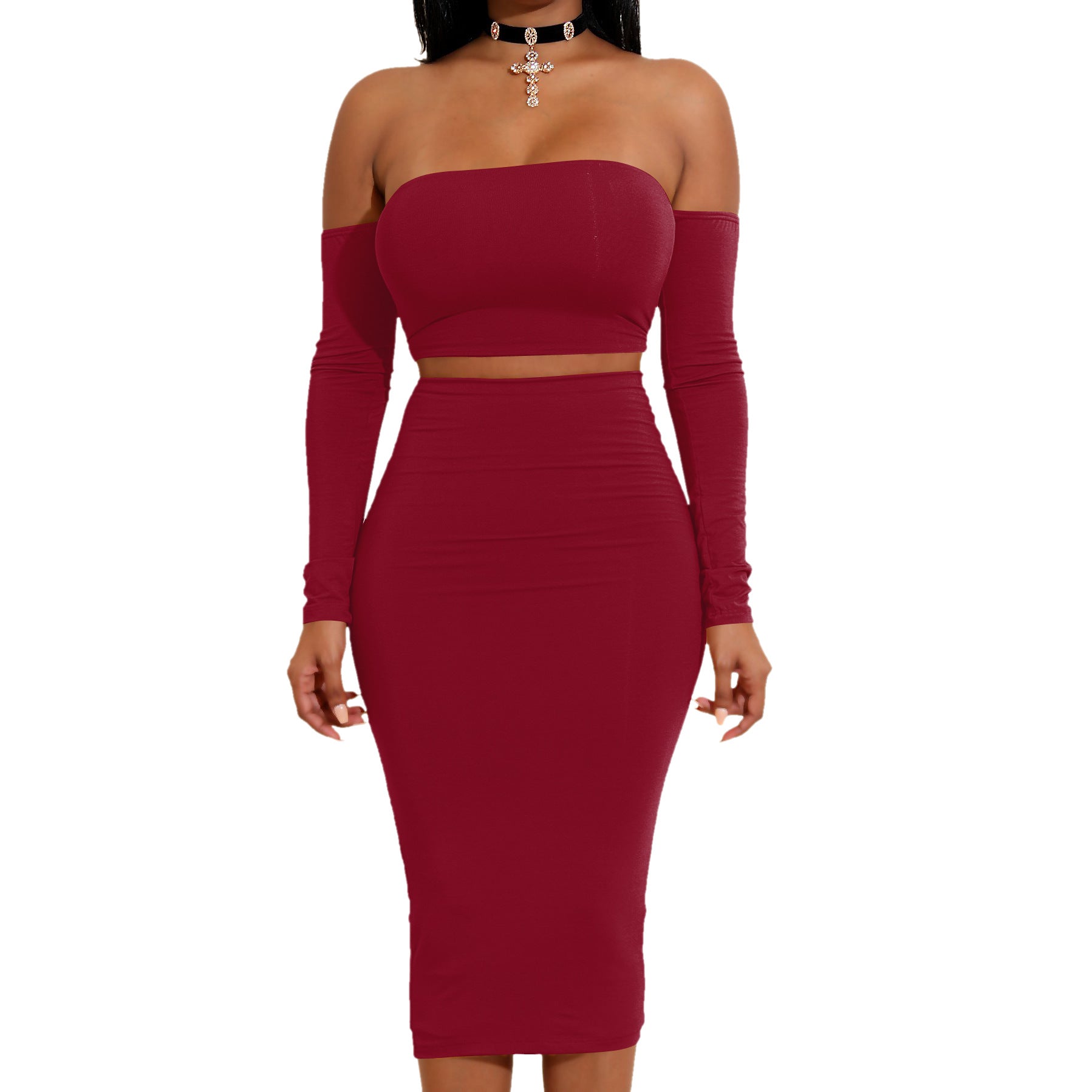 Off the Shoulder Back Lace Up with High Waist Over the Knee Skirt Women Two Pieces Set