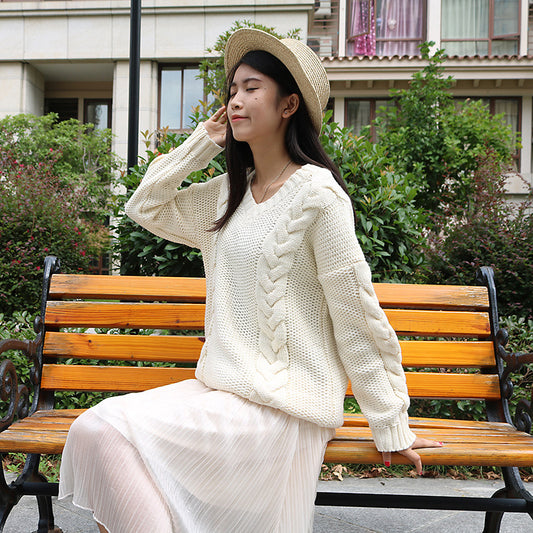 V-neck Cable Knit Loose Pure Color Sweater