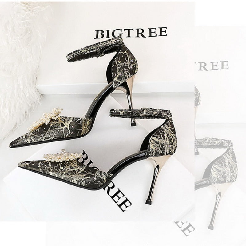 European and American Style Rhinestone Pearl Flower Embellishments High Heel Shallow Pointed Toe Sandals