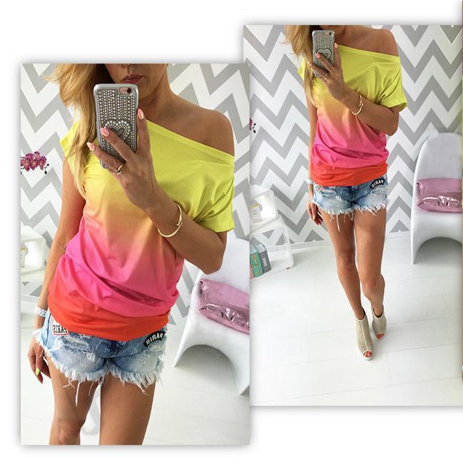 Clearance Gradually Changing Color Short Sleeves Scoop Casual T-shirt