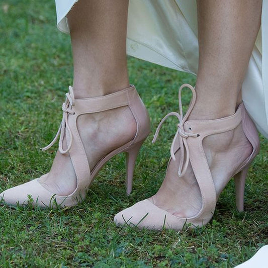 Sexy Nude Suede Cutout Strap High Heel Sandals