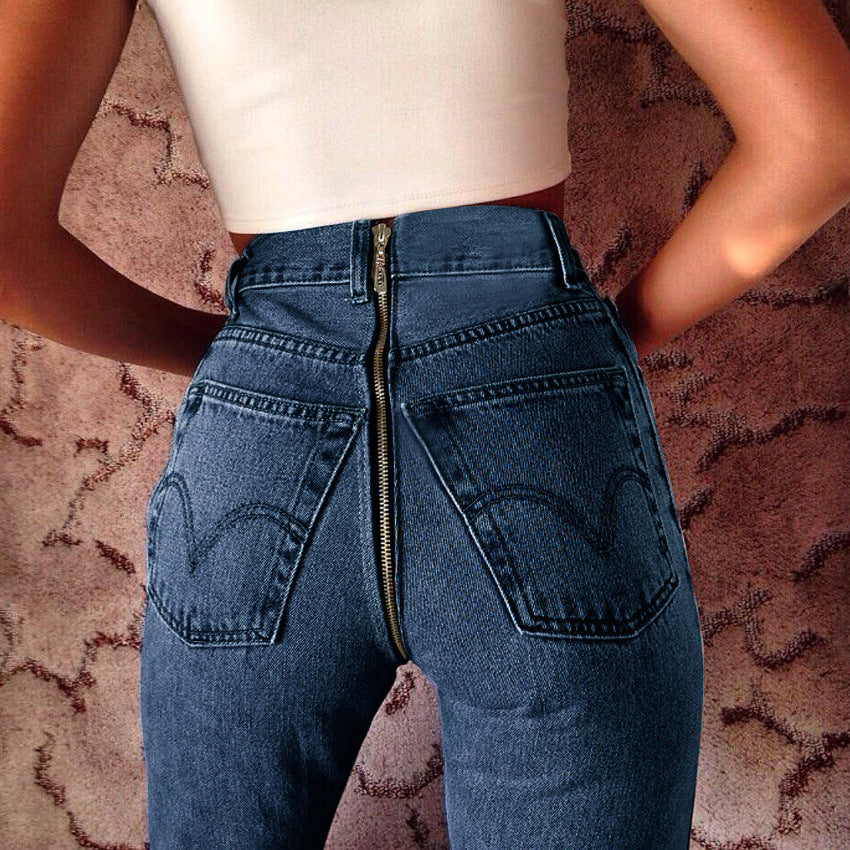 High Waist Pure Color Slim Back Hip Zipper Pencil Denim Jeans Pants