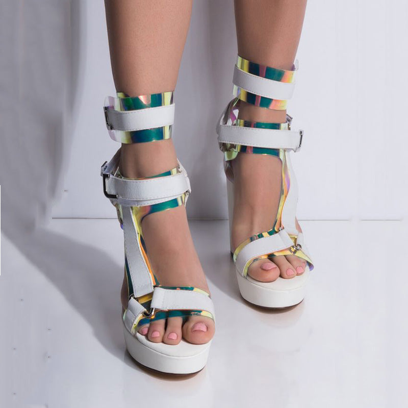 Buckle Platform Chunky Heel Colorblock High Heel Sandals