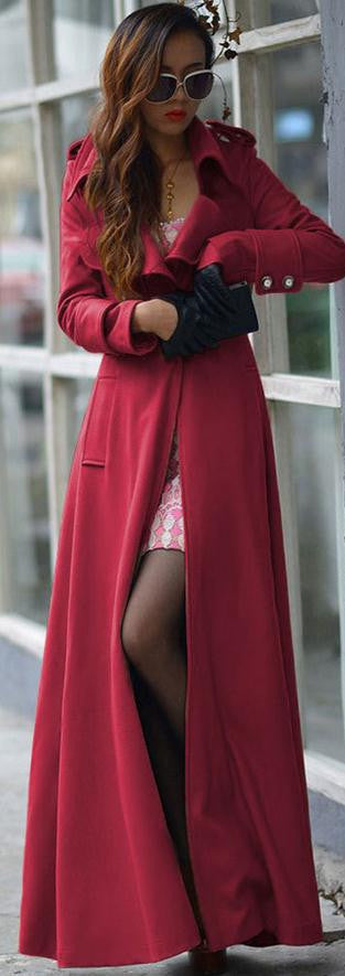 Turn-down Collar Woolen Slim Full Length Coat - Meet Yours Fashion - 1