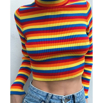 Turtleneck Rainbow Stripes Crop Knit Sweater