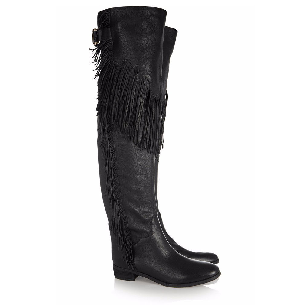 Tassels Belt Buckle Low Chunky Heel Round Toe Over the Knee Length Boots