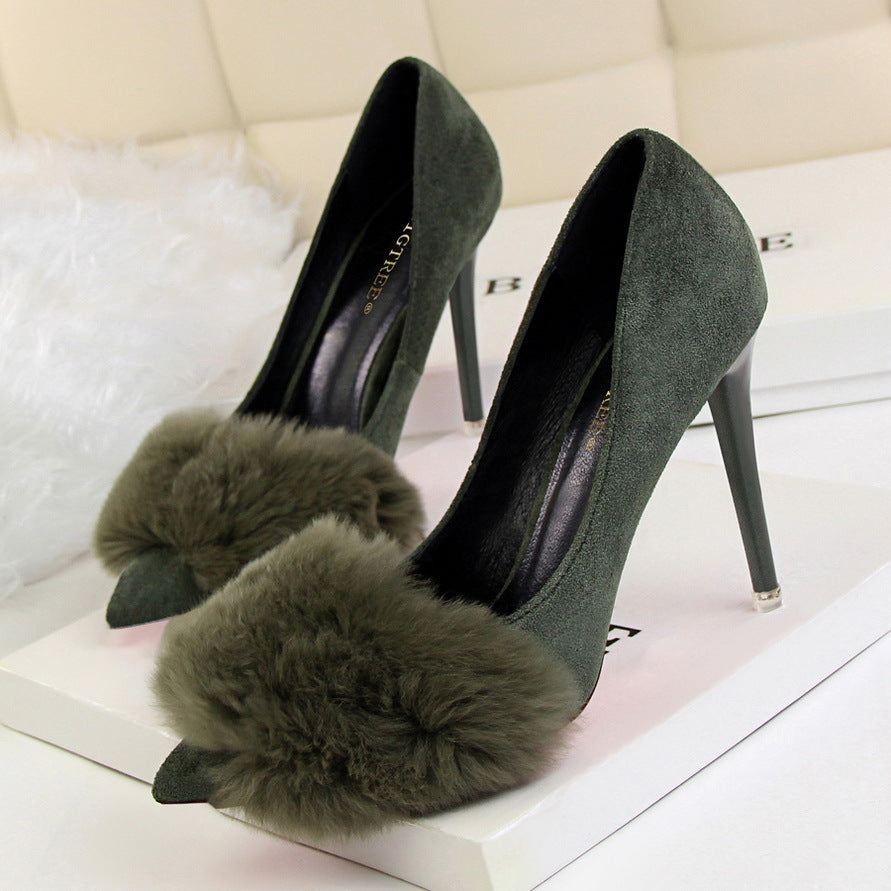Faux Fur Decoration Suede Stiletto Heel Pointed Toe High Heels Party Shoes