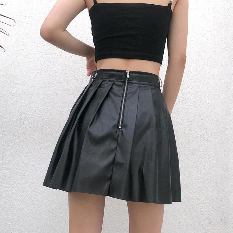 Sexy Black Leather High Waist Pleated Skirts